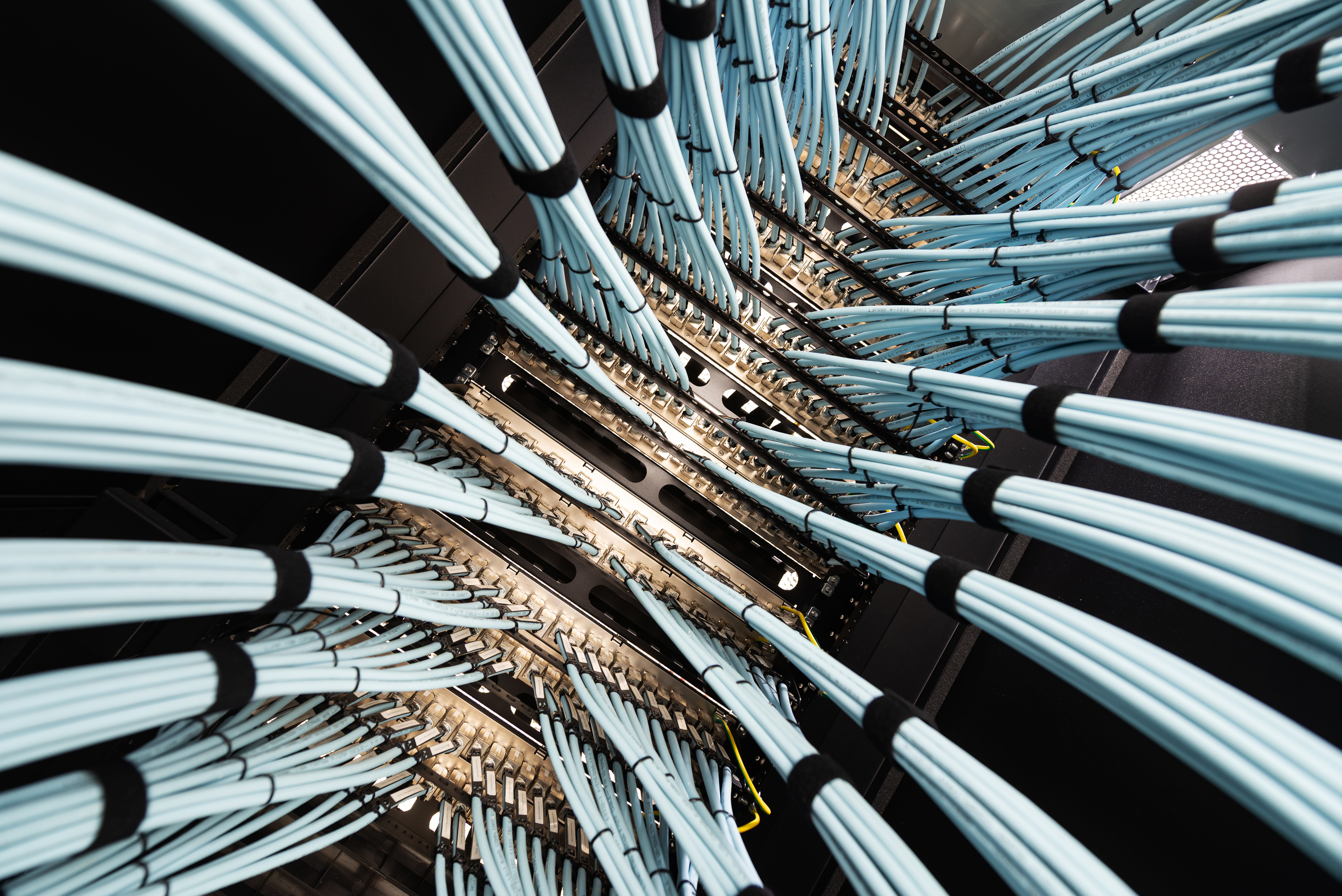 A detailed view of fiber optic cables in a server room, showcasing the intricate arrangement and design essential for modern communication networks.