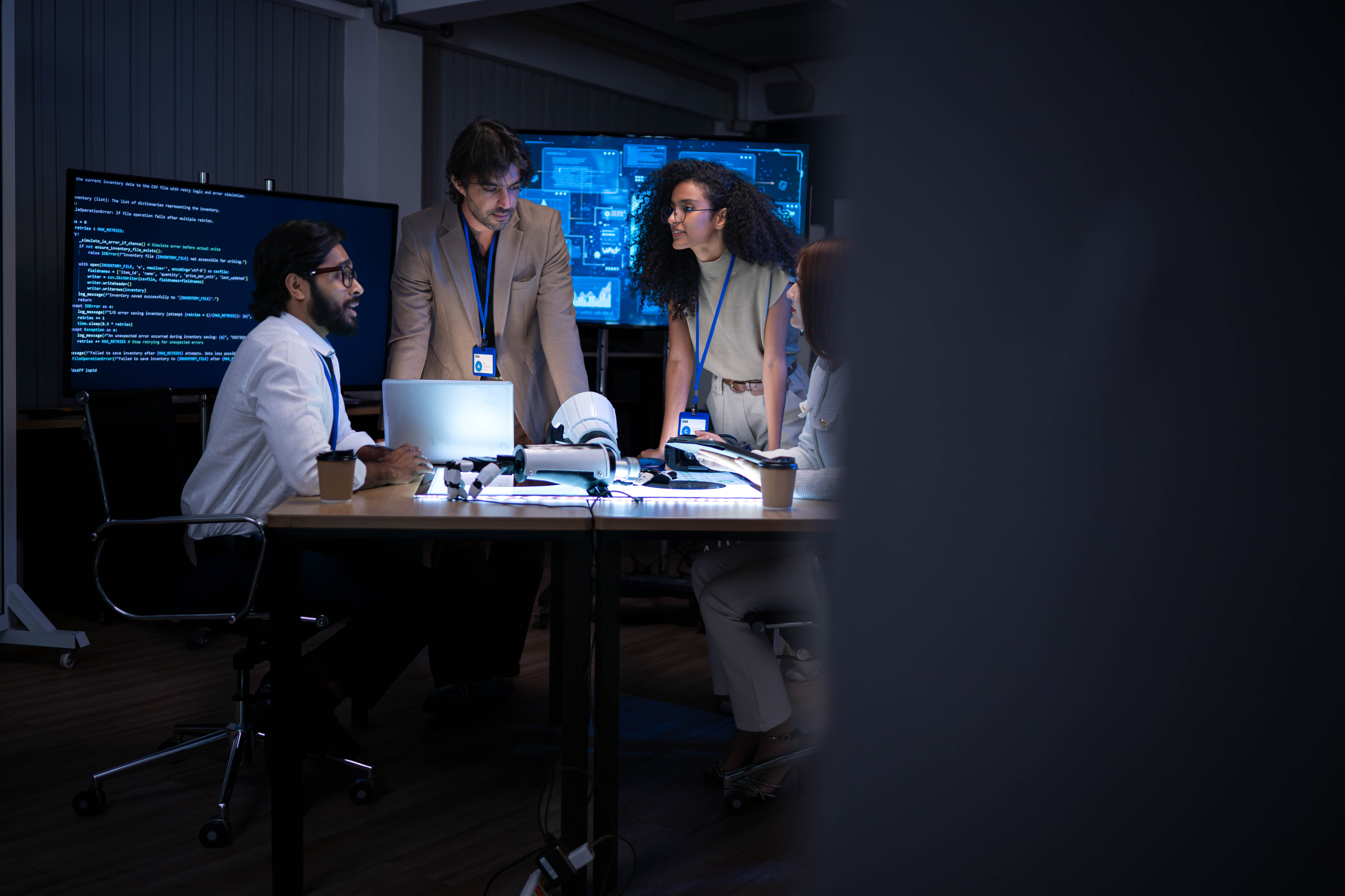 Technology professionals presenting digital analytics and software interface during corporate strategy meeting in modern innovation office environment